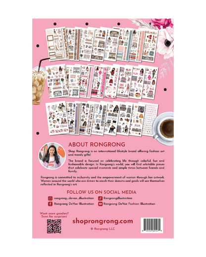 Coffee Queen Sticker Book open pages with cozy coffeehouse theme