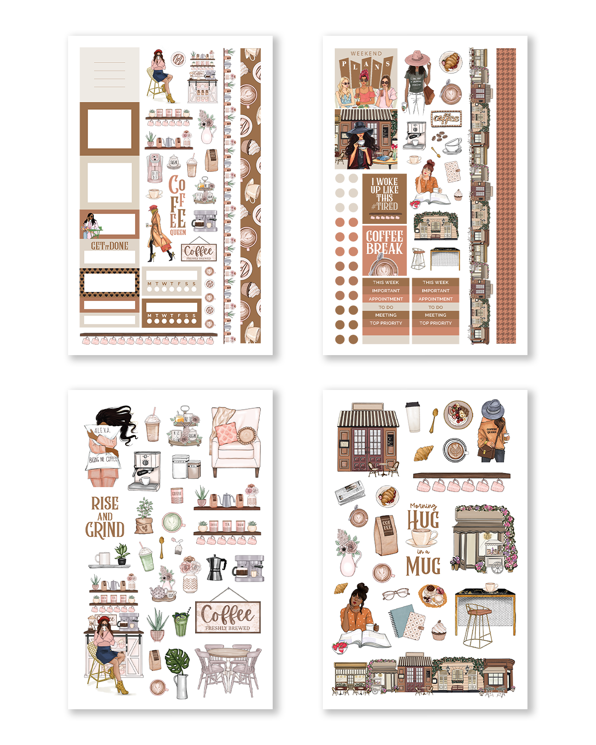 Coffee Queen Hobonichi Sticker Book flatlay with coffee-themed designs