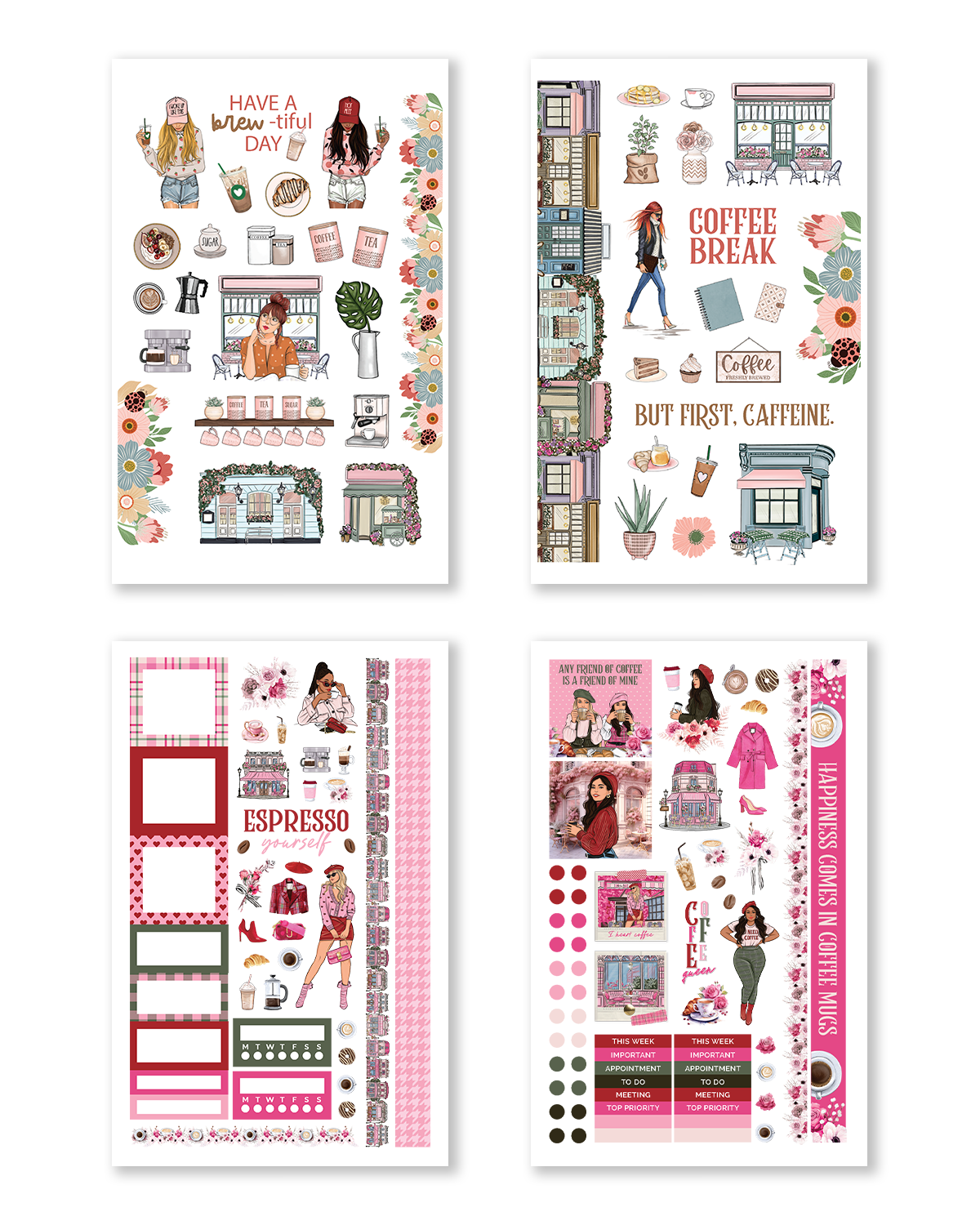 Café-inspired sticker book with mugs, lattes, and pastries