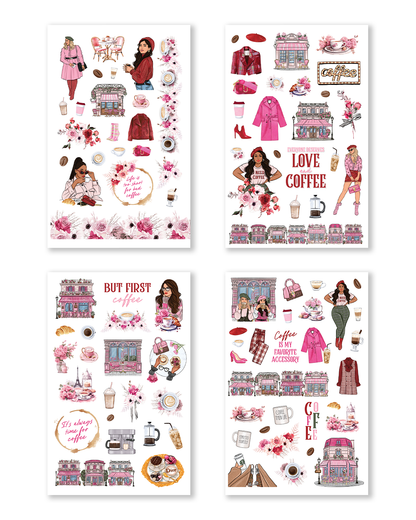 Cozy planner spread using Coffee Queen Hobonichi stickers