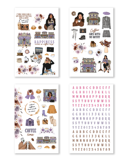 Hobonichi sticker book featuring café and espresso illustrations