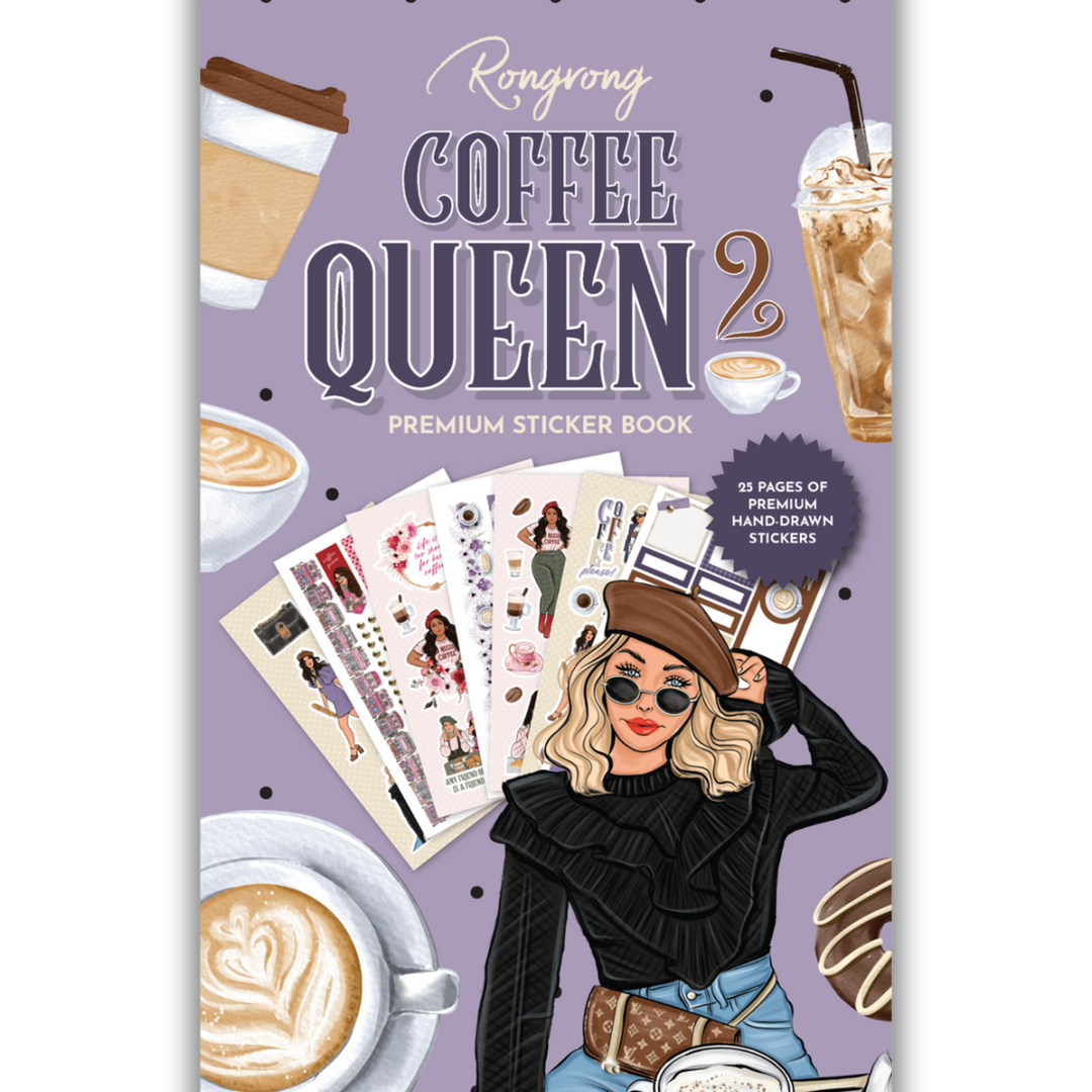Coffee Queen #2 Sticker Book cover featuring stylish illustrations of coffee cups, beans, and chic designs.