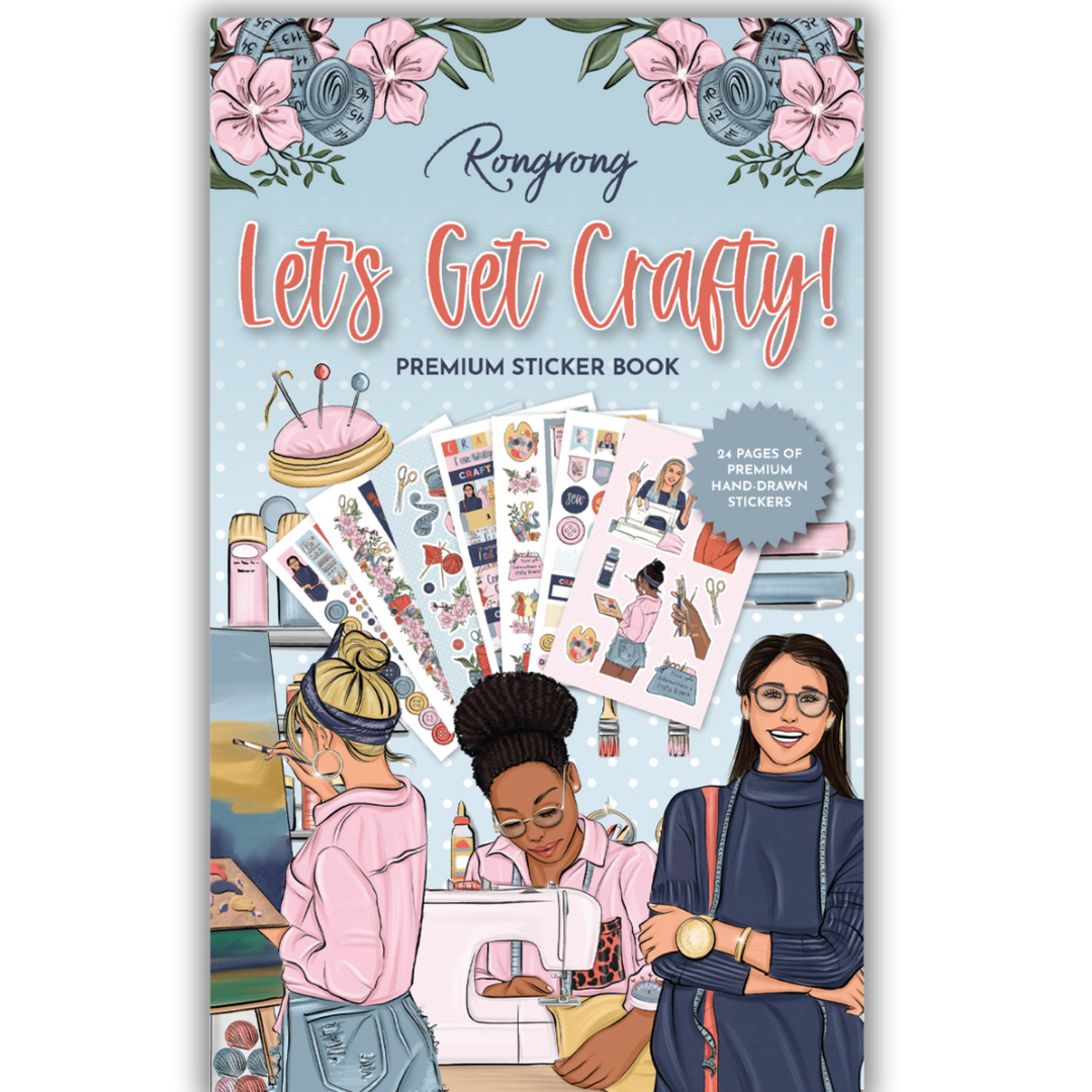 Sticker book cover featuring colorful crafting tools like scissors, paintbrushes, and vibrant craft supplies.