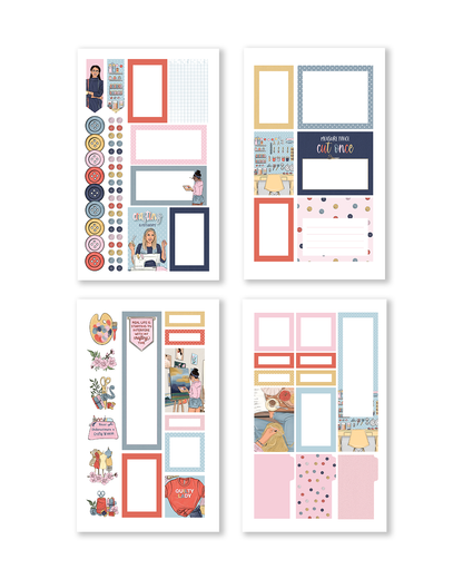 Stickers displaying artistic elements like paint splashes and craft project ideas, in a cheerful color palette.