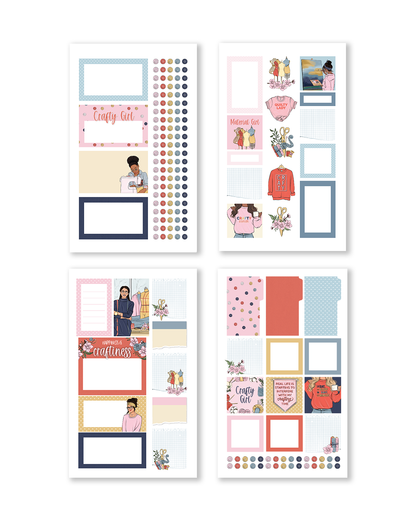 Stickers featuring creative elements such as paint splashes and craft ideas, presented in a bright color scheme.