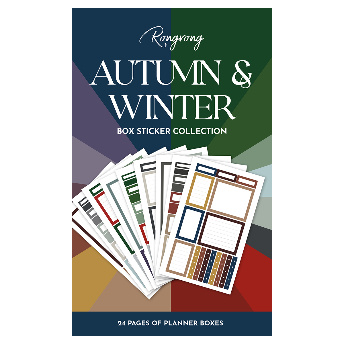 Sticker book cover featuring cozy fall and winter designs with warm colors, pumpkins, snowflakes, and seasonal motifs.