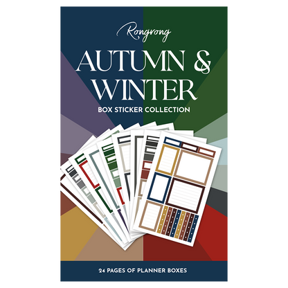 Sticker book cover featuring cozy fall and winter designs with warm colors, pumpkins, snowflakes, and seasonal motifs.