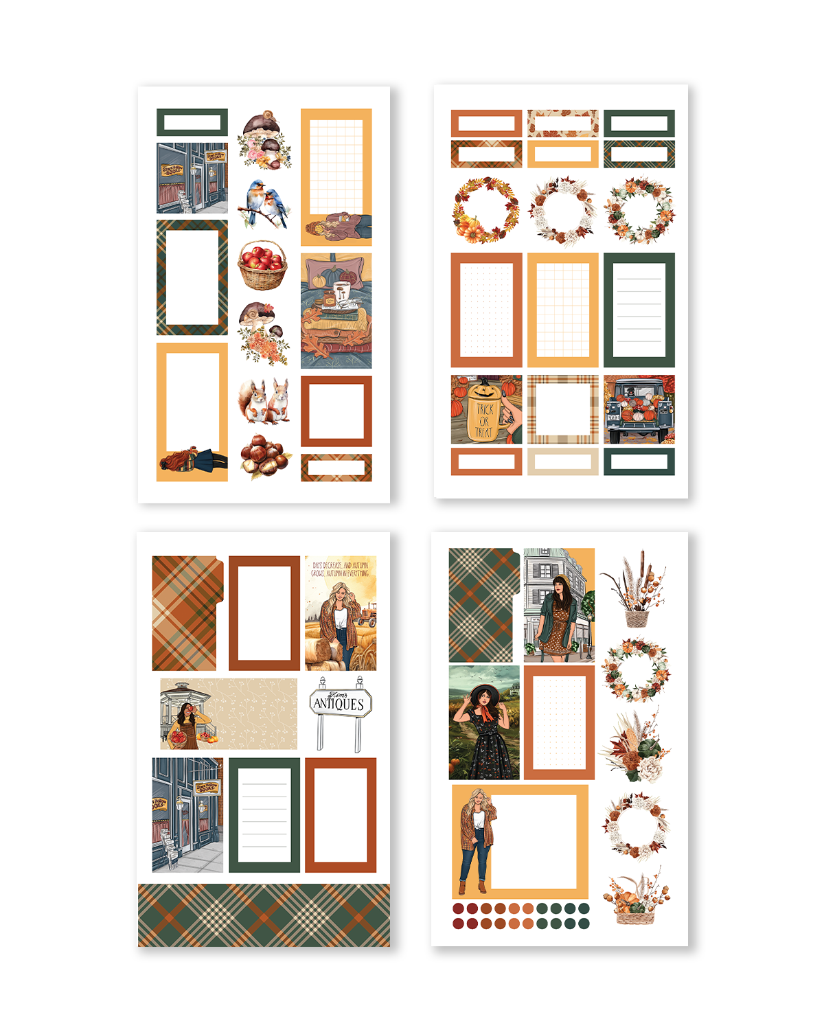 Collection of functional planner stickers enhanced with whimsical autumn motifs.