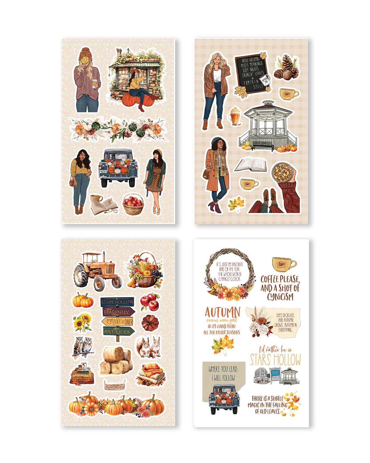 Stickers showcasing delightful autumn icons such as pumpkins, acorns, and apples, presented in a warm palette of rich oranges, earthy browns, and golden tones.