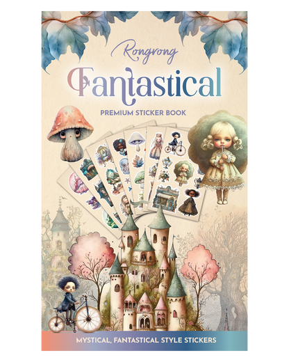 Sticker book cover featuring whimsical illustrations of fantasy creatures and vibrant colors in a magical theme.