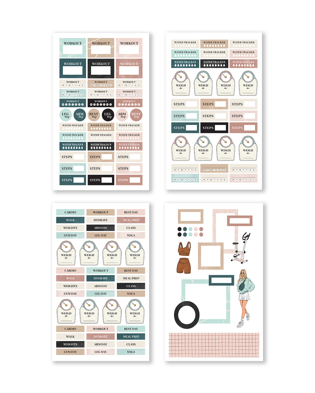 Planner stickers for hydration, fitness, and mindfulness tracking