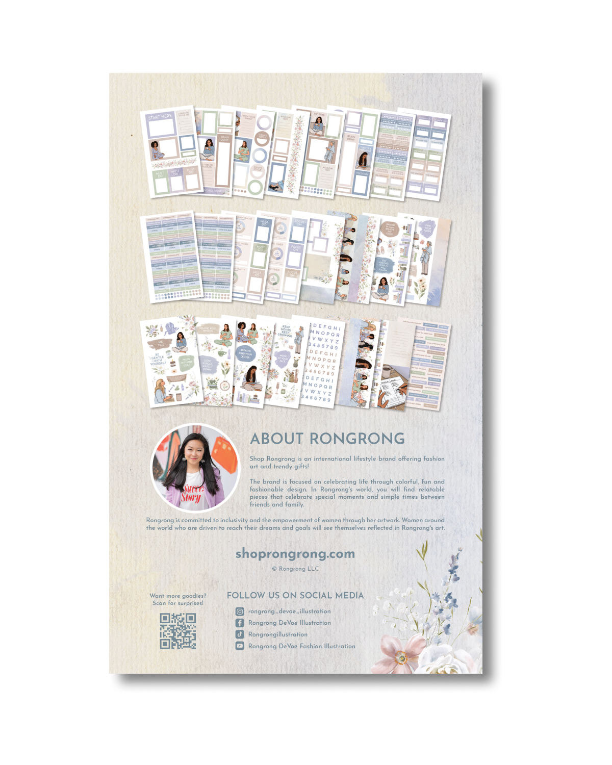 Sheet of planner stickers with various designs and a person&