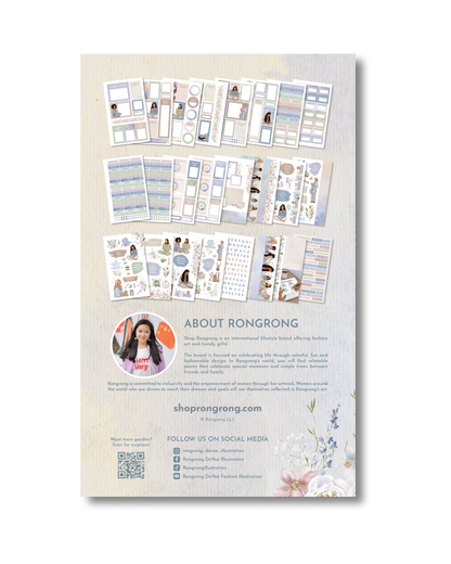 Sheet of planner stickers with various designs and a person&