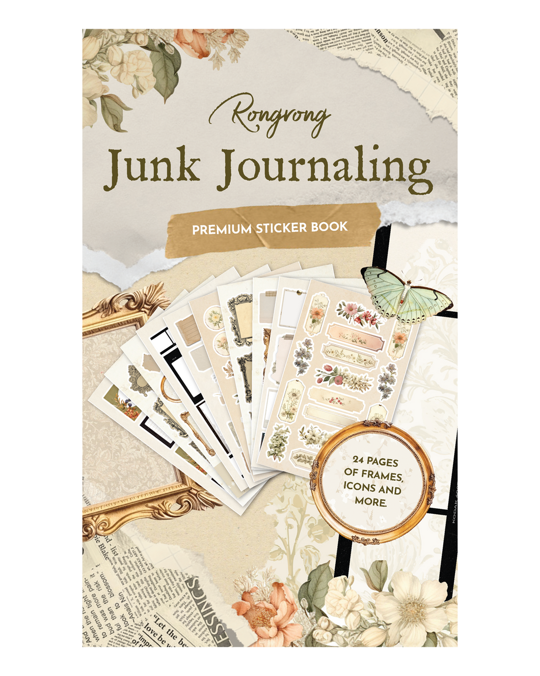 Junk Journal Sticker Book cover featuring vintage-inspired designs and earthy colors with whimsical illustrations.