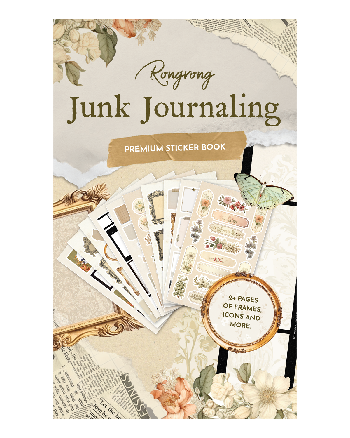 Junk Journal Sticker Book cover featuring vintage-inspired designs and earthy colors with whimsical illustrations.