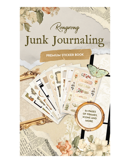 Junk Journal Sticker Book cover featuring vintage-inspired designs and earthy colors with whimsical illustrations.