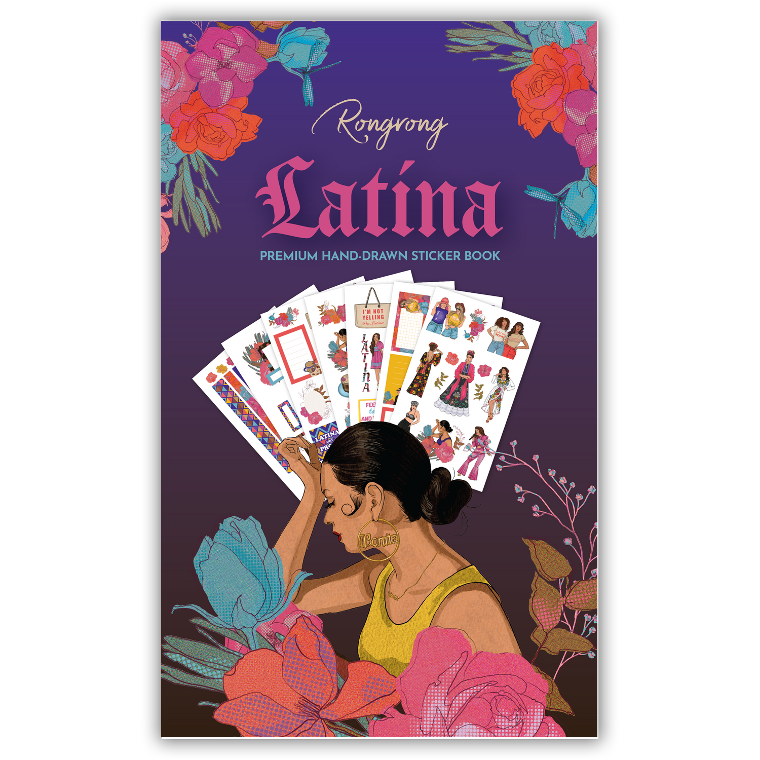 Sticker book cover featuring vibrant illustrations celebrating Latina culture with colorful designs and empowering quotes.