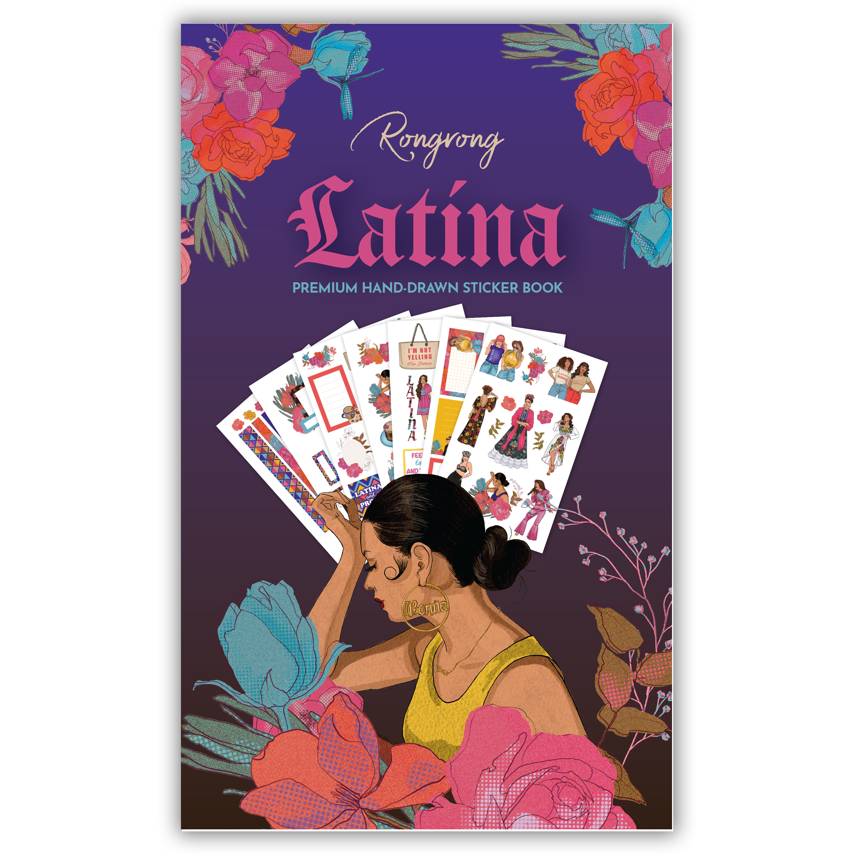 Sticker book cover featuring vibrant illustrations celebrating Latina culture with colorful designs and empowering quotes.