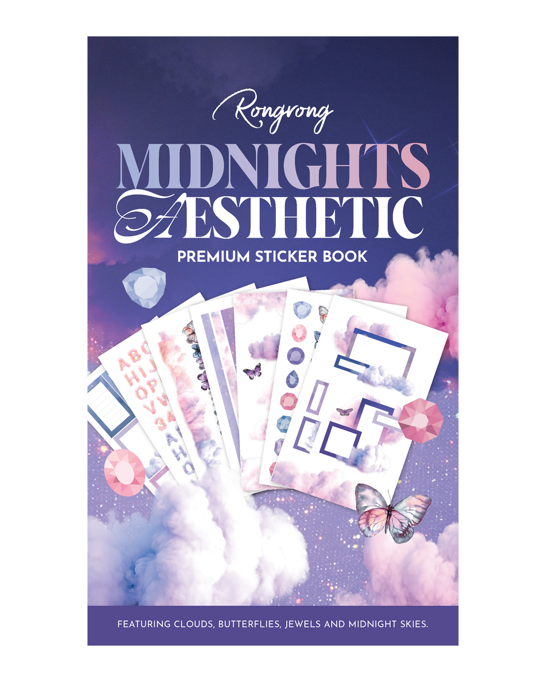 Sticker book cover featuring dreamy, night-themed illustrations with soft colors and whimsical designs.