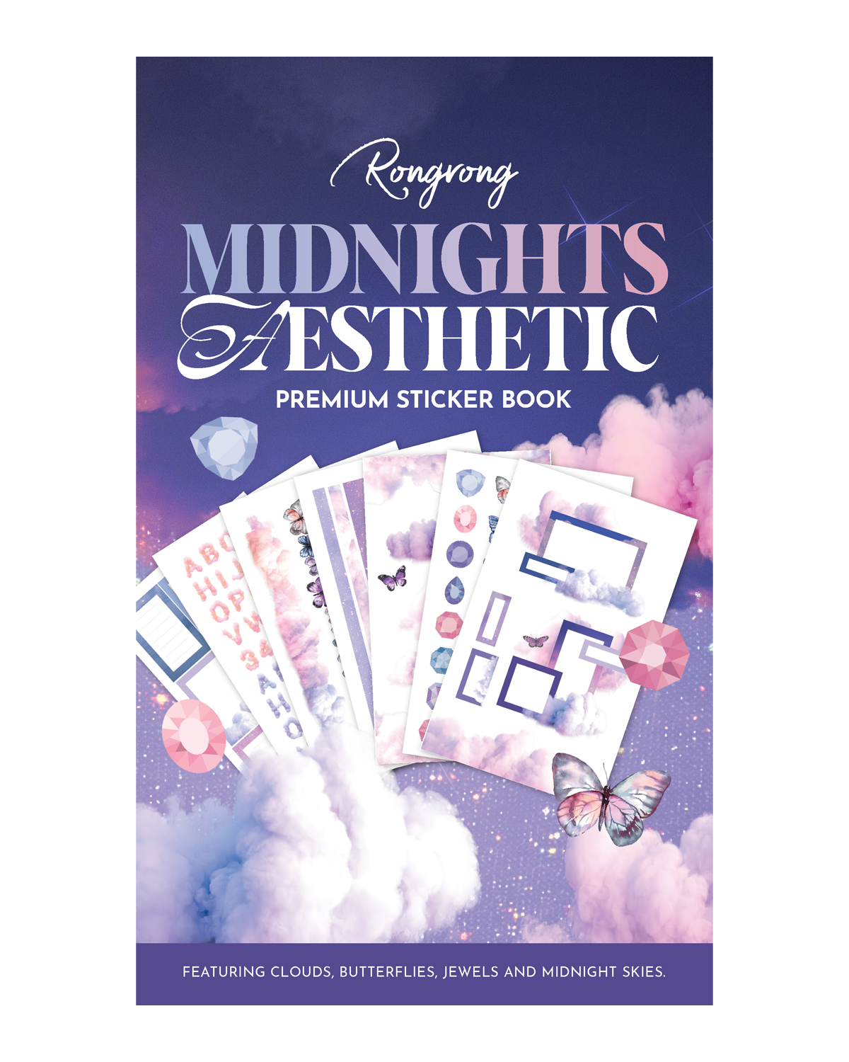 Sticker book cover featuring dreamy, night-themed illustrations with soft colors and whimsical designs.