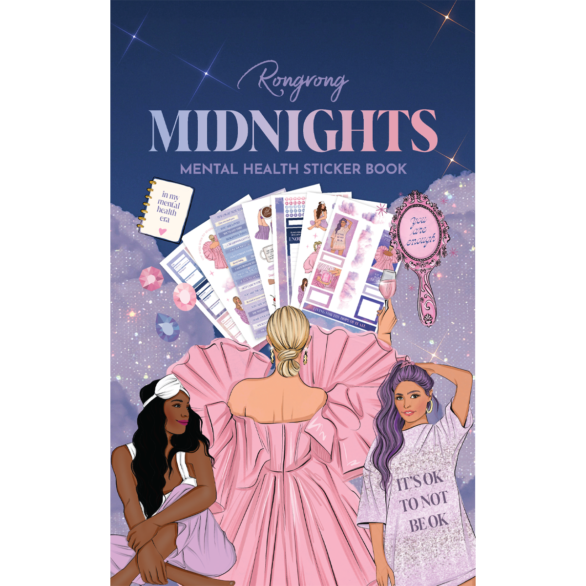 Midnight Sticker Book cover featuring calming dark tones with mental health themes and inspirational designs.