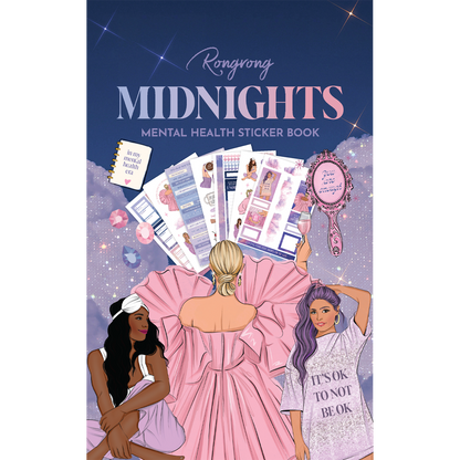 Midnight Sticker Book cover featuring calming dark tones with mental health themes and inspirational designs.