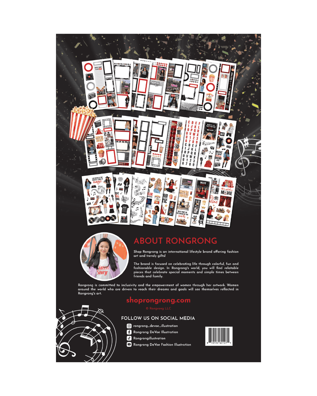 Product packaging with illustrations and text on a dark background