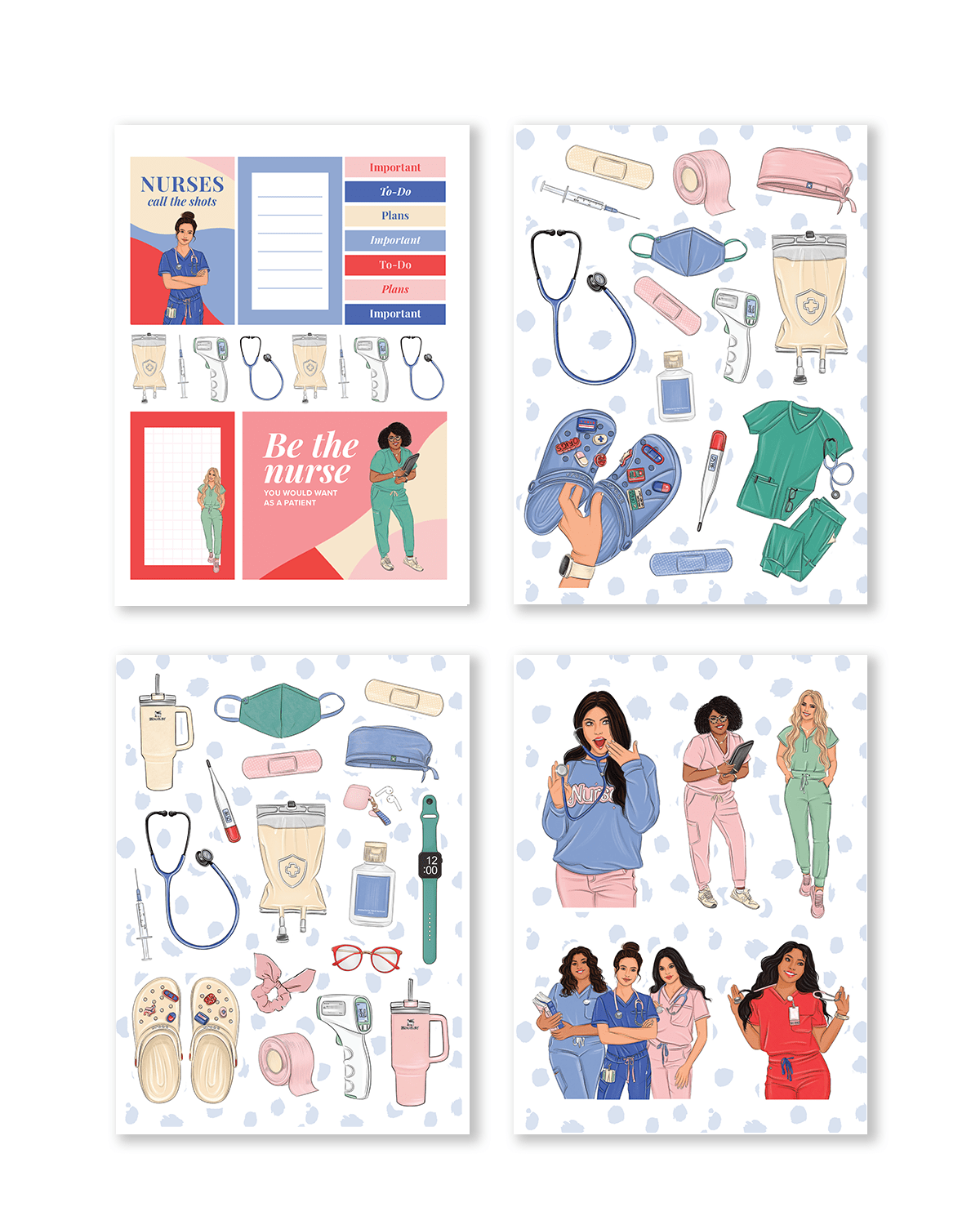 Stickers featuring cheerful nurse illustrations and essential tools, all designed in a vibrant and uplifting style.