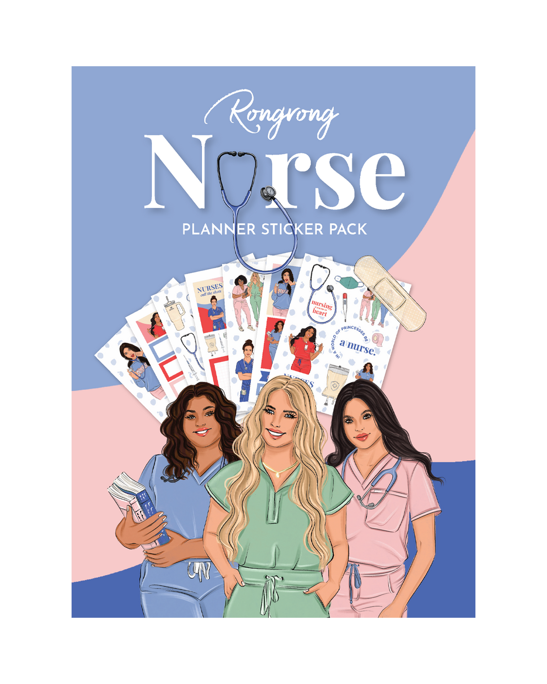 Sticker pack cover featuring vibrant nurse-themed illustrations, including stethoscopes, hearts, and medical icons.