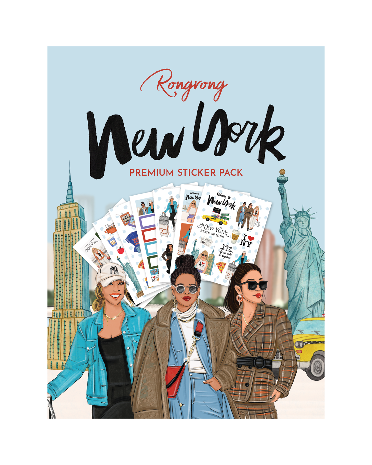 Sticker pack cover featuring iconic New York City landmarks and vibrant designs in a chic urban style.