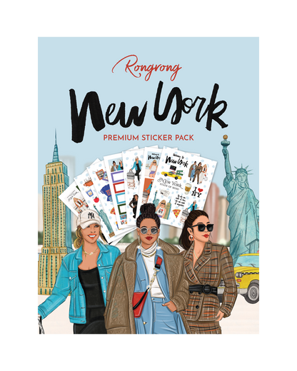 Sticker pack cover featuring iconic New York City landmarks and vibrant designs in a chic urban style.