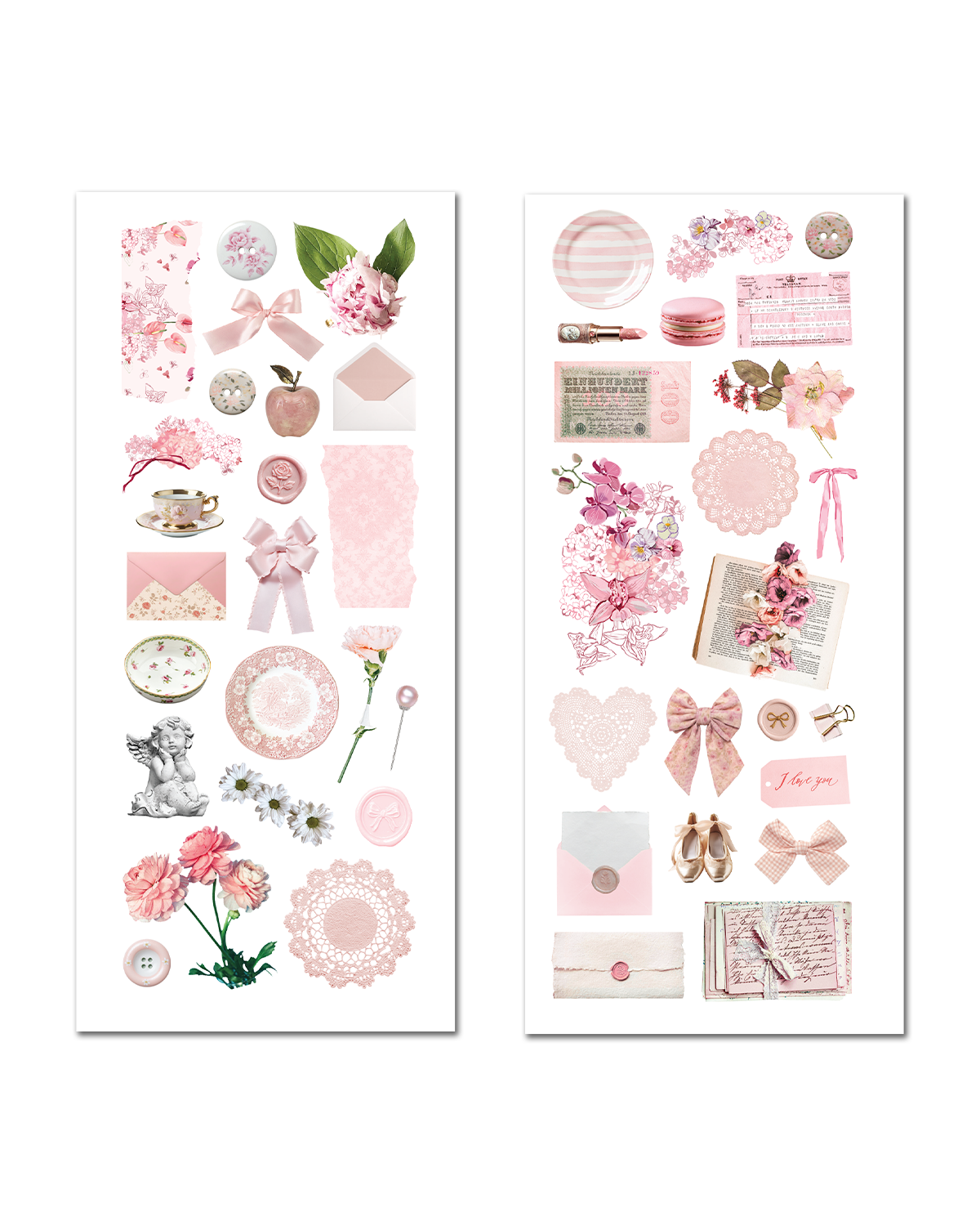 Soft pink junk journal stickers with feminine floral illustrations