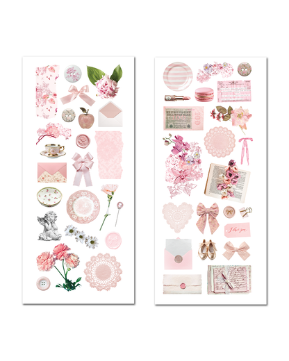 Soft pink junk journal stickers with feminine floral illustrations