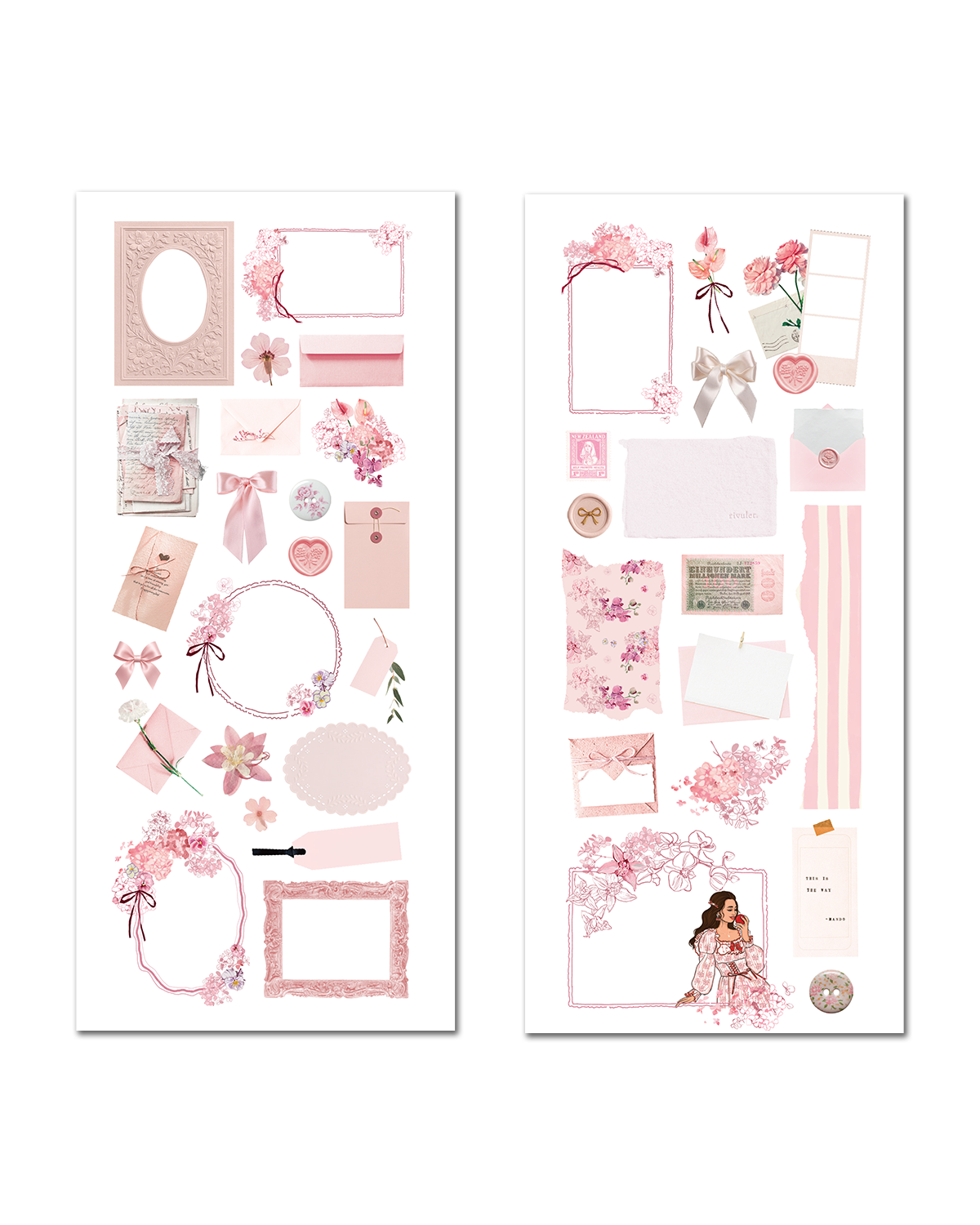 Romantic vintage pink sticker sheets for scrapbooking and journaling