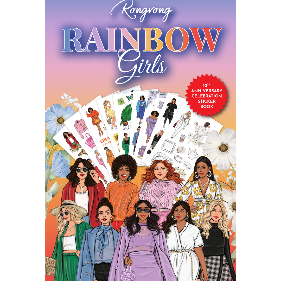 Sticker book cover featuring vibrant, hand-drawn illustrations of diverse girls in colorful outfits and rainbow accents.