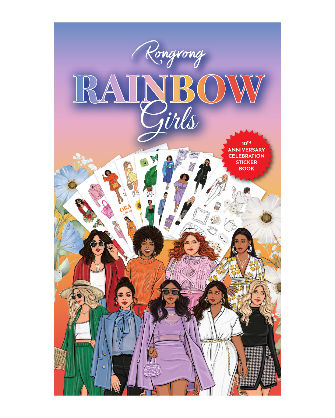 Sticker book cover featuring vibrant, hand-drawn illustrations of diverse girls in colorful outfits and rainbow accents.