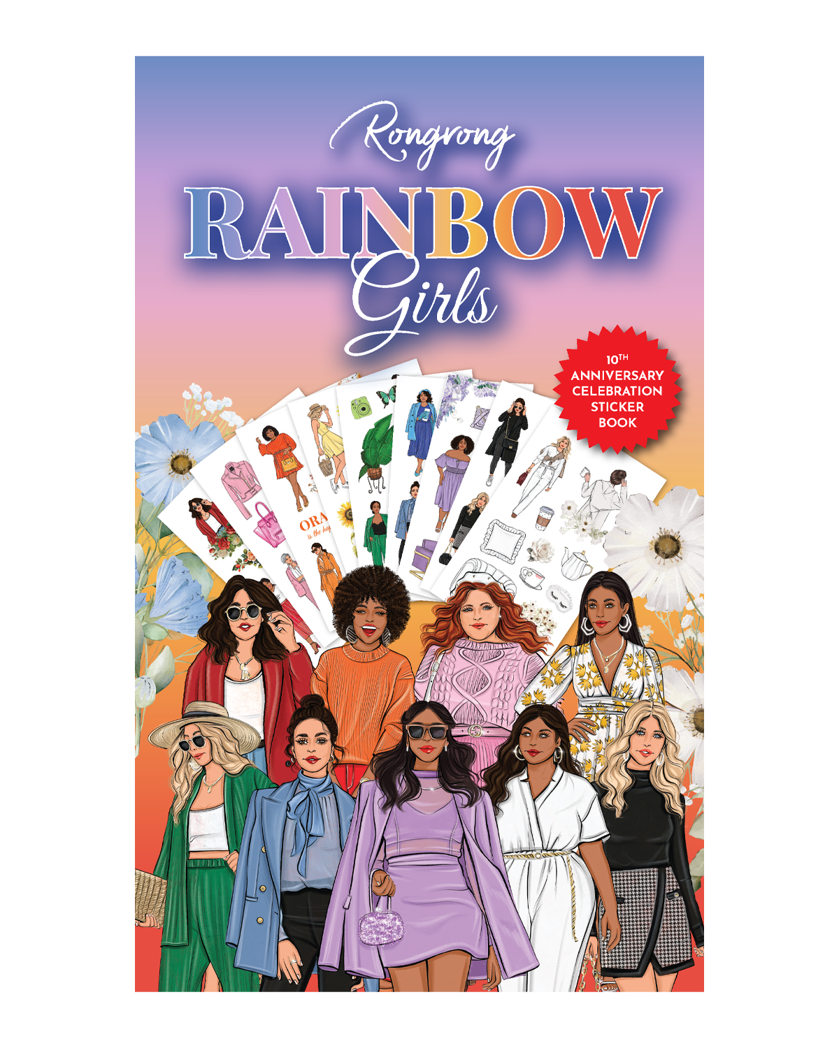 Sticker book cover featuring vibrant, hand-drawn illustrations of diverse girls in colorful outfits and rainbow accents.