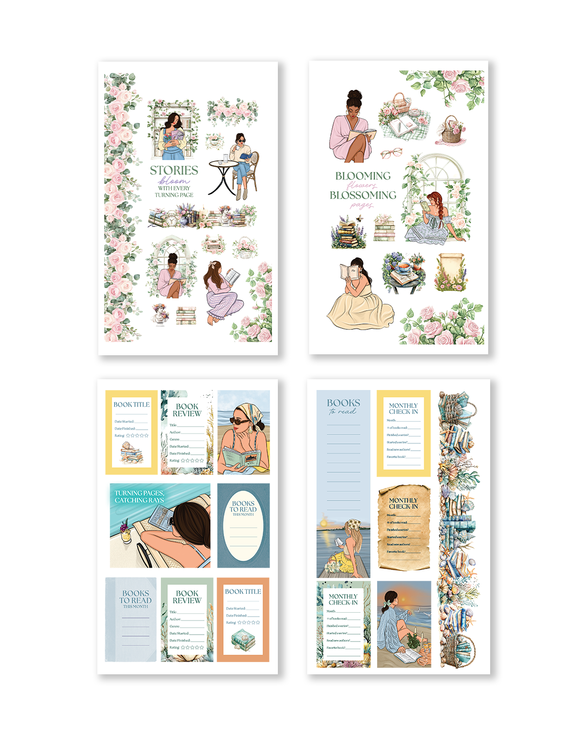 Sticker book featuring book lover themes for winter, spring, summer, and fall