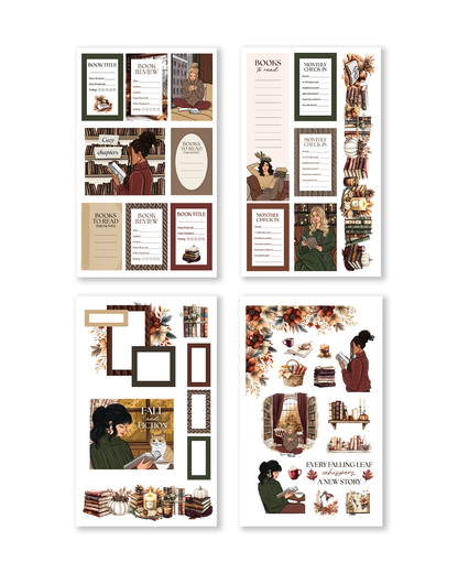 Planner stickers showing books, seasonal outfits, and reading icons