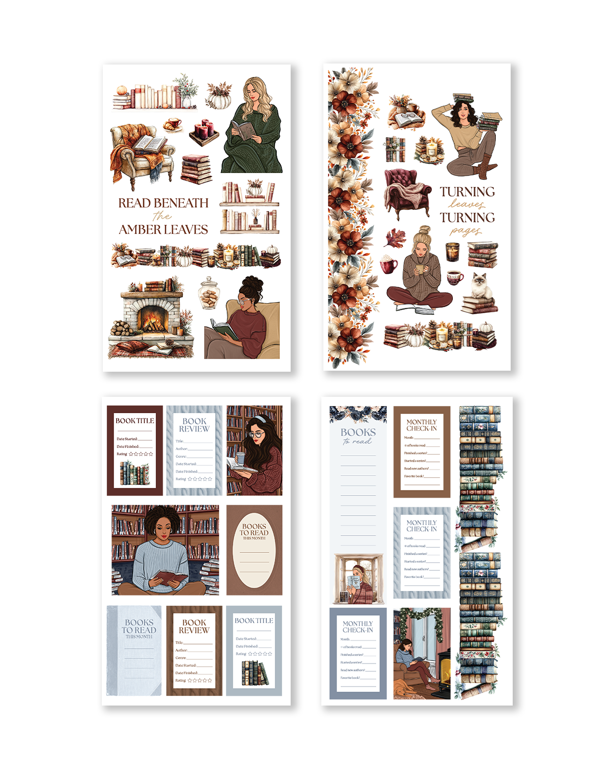 Book-themed stickers for journaling with seasonal designs