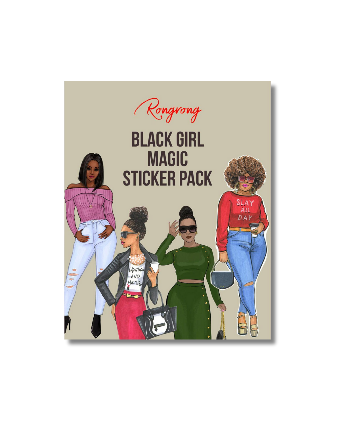 Sticker set cover featuring vibrant illustrations celebrating Black girl empowerment with stylish characters and bold colors.
