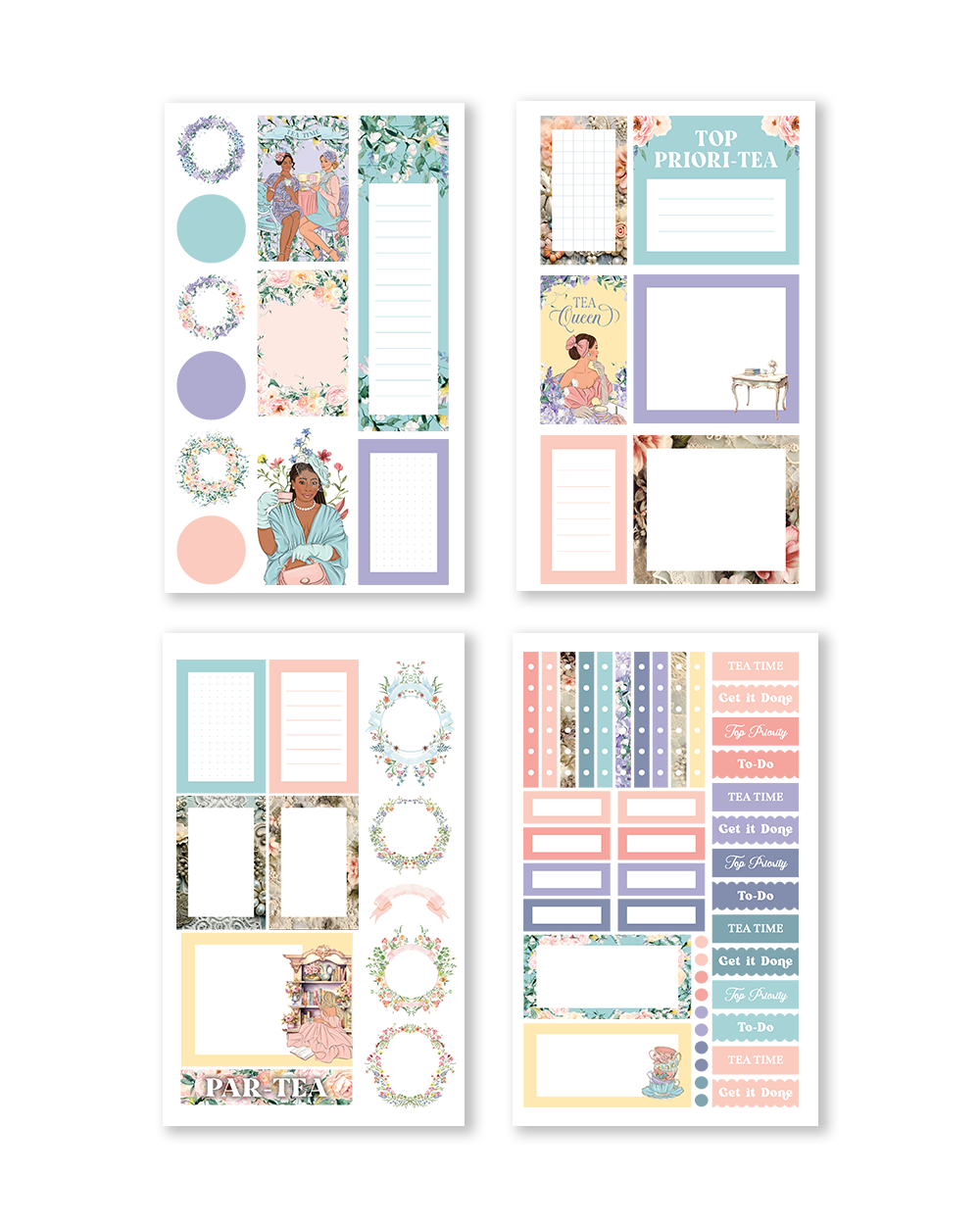 The sticker book adorned with whimsical tea party illustrations, featuring pastel colors.