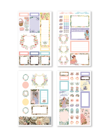 Featuring whimsical illustrations of tea parties, adorned with soft pastels and gold accents.