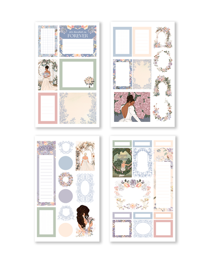 Functional stickers featuring labels and checklists for wedding planning, adorned with charming illustrations.