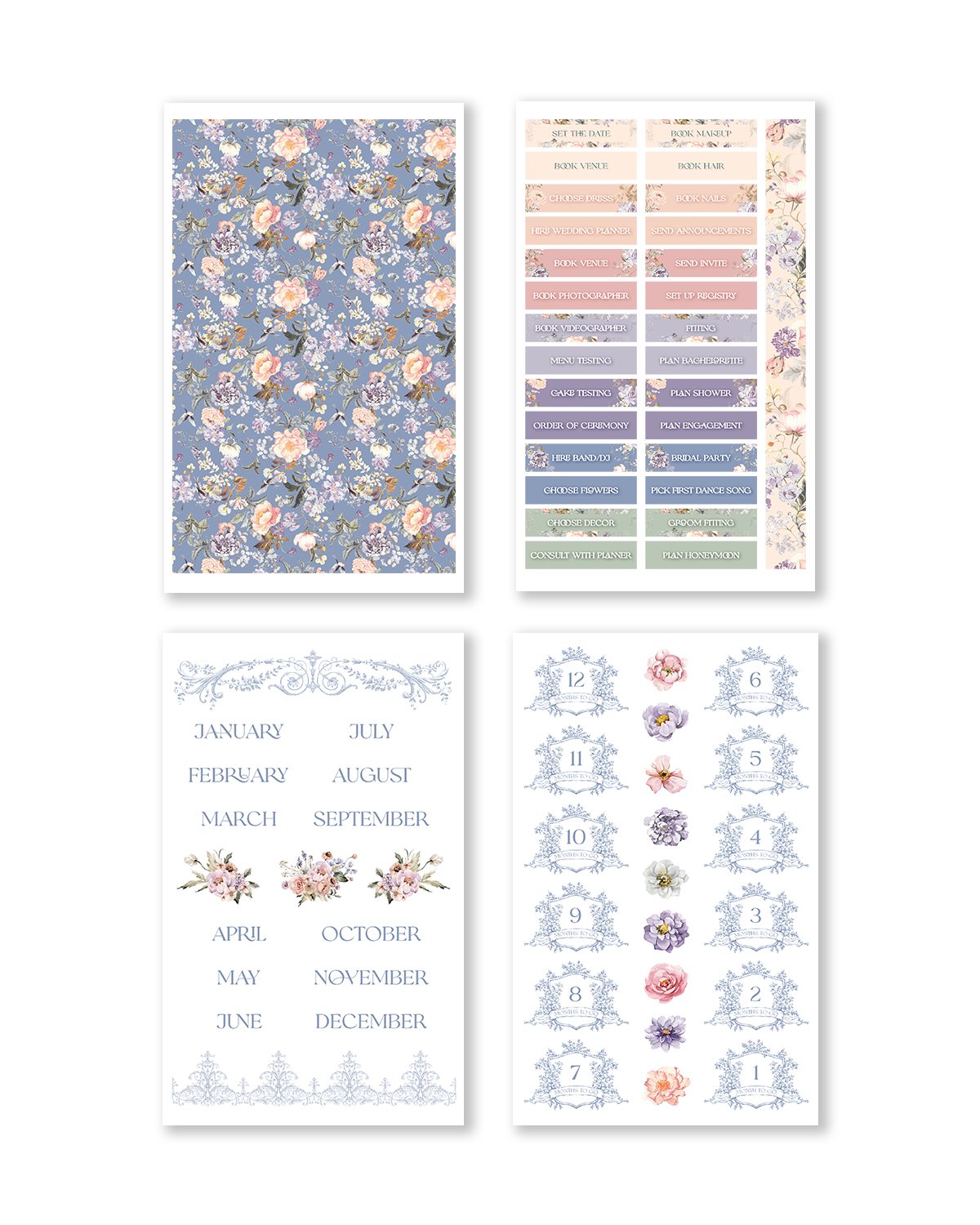 Stickers featuring celebratory designs with confetti and hearts, all in soft, harmonious pastel tones.