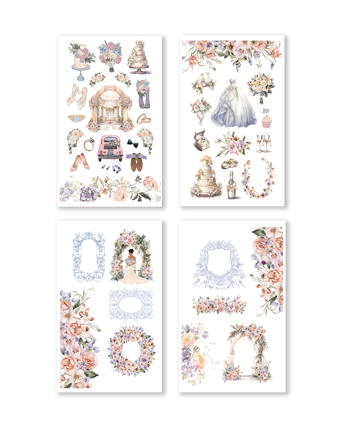 Stickers illustrating festive icons such as confetti and hearts, crafted in gentle pastel hues.