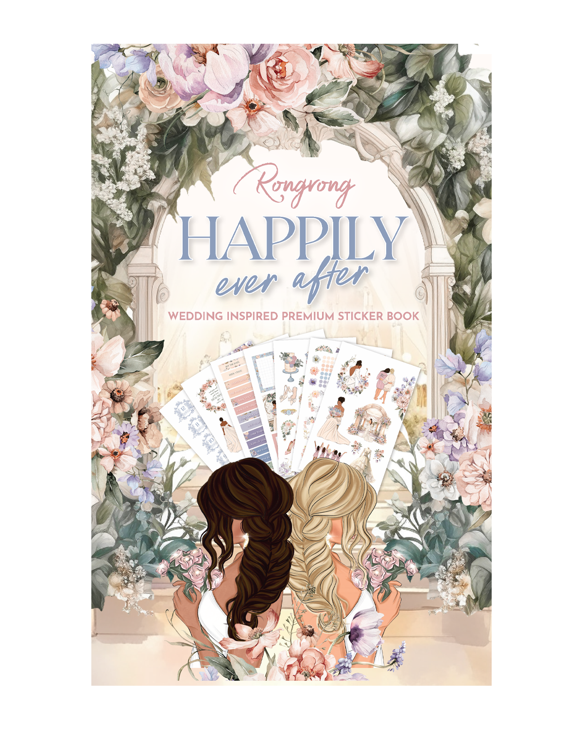 Sticker book cover featuring elegant wedding-themed illustrations in soft pastels, including flowers and rings.