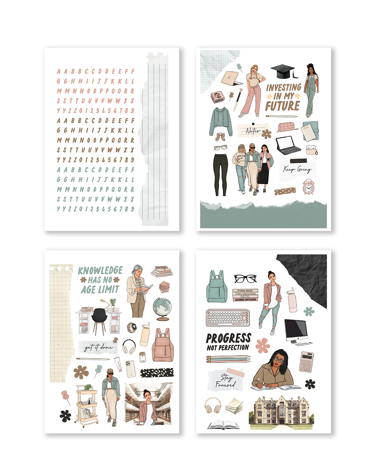 Hand illustrated planner sticker kit with neutral aesthetic and professional women