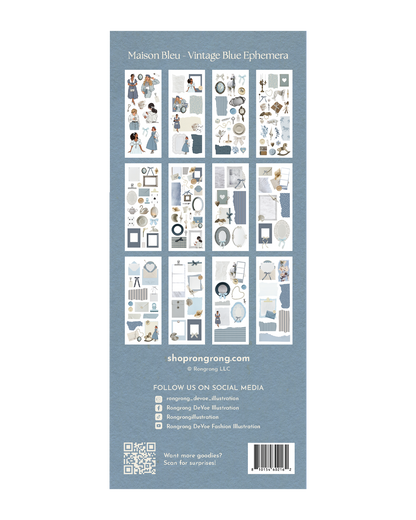 French vintage blue sticker collection for junk journal spreads