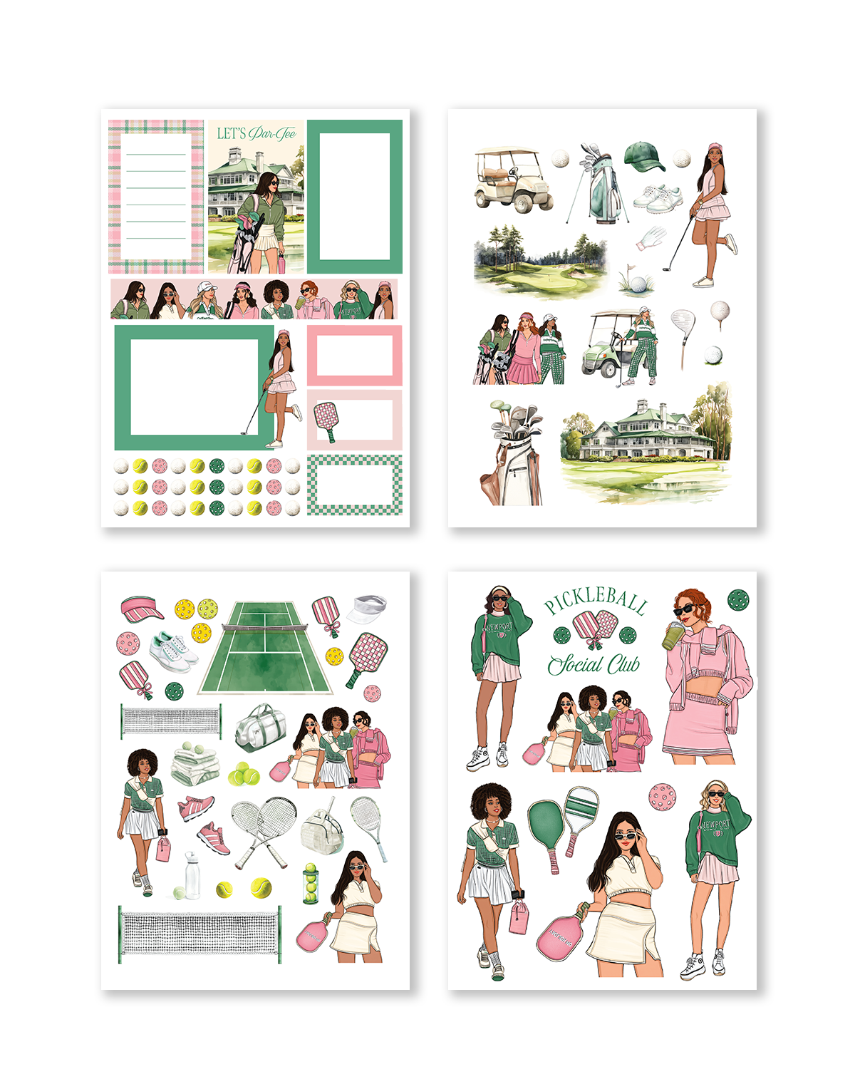 Golf-themed sticker designs in pastel country club aesthetic

